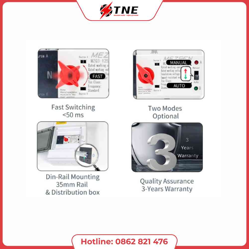 Bộ Chuyển Nguồn Tự Động ATS Mezeen MZQ3 2P 3P 4P 10A-125A | TNE