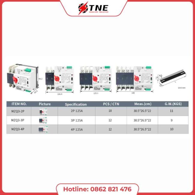 Bộ Chuyển Nguồn Tự Động ATS Mezeen MZQ3 2P 3P 4P 10A-125A | TNE
